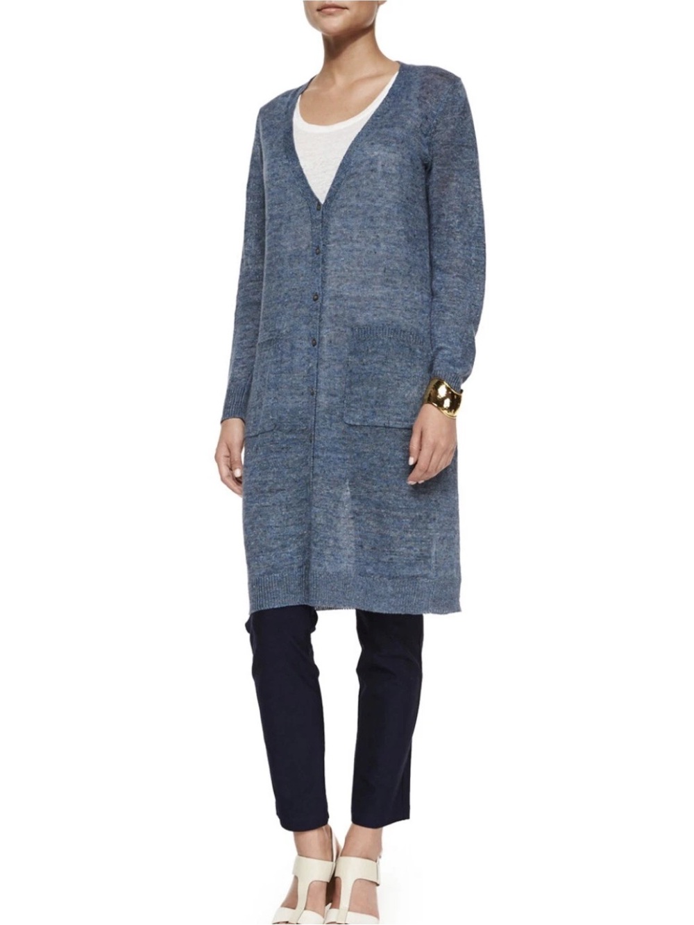 Eileen Fisher 100% Organic Linen Long Duster Cardigan Blue Size Large Beachy